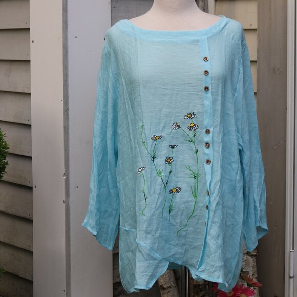 New India  Aqua Linen Floral Print Front Side Buttons Asymmetrical Hem Tunic 3XL - Picture 1 of 7